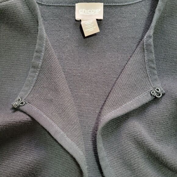 CHICO'S Size Black Longline Cardigan Size 2 / L Open Front Cotton Knit Classic - Picture 5 of 7
